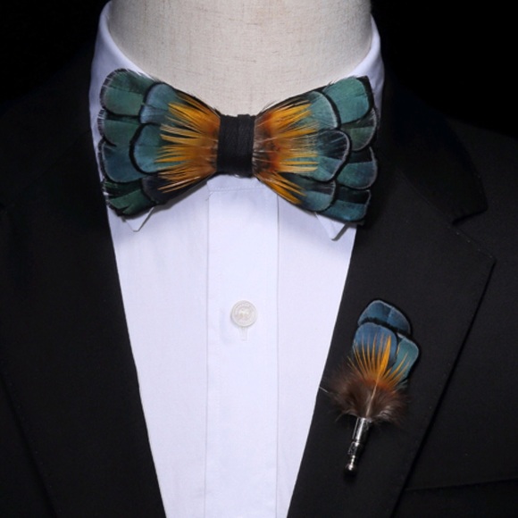 Other - Handmade Blue and Golden Feather Bow Tie Boutonnière Lapel Pin Set
